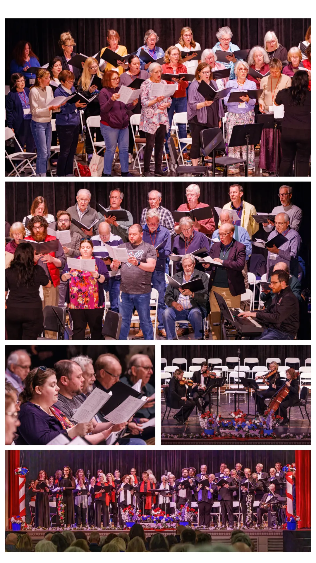 Collage of chorus rehearsal and concert moments