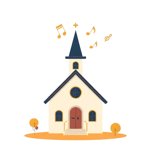 Illustration of a small church with music notes