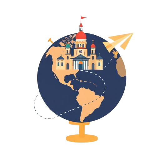 Illustration of a globe, cathedral and paper plane