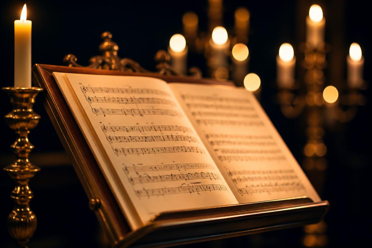 Open choral sheet music in candlelight