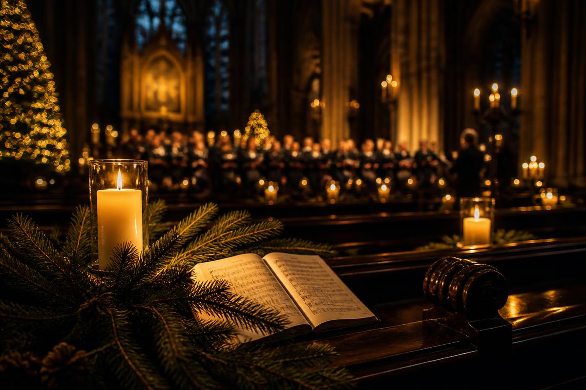 Candlelit hymnal and evergreen on a cathedral pew